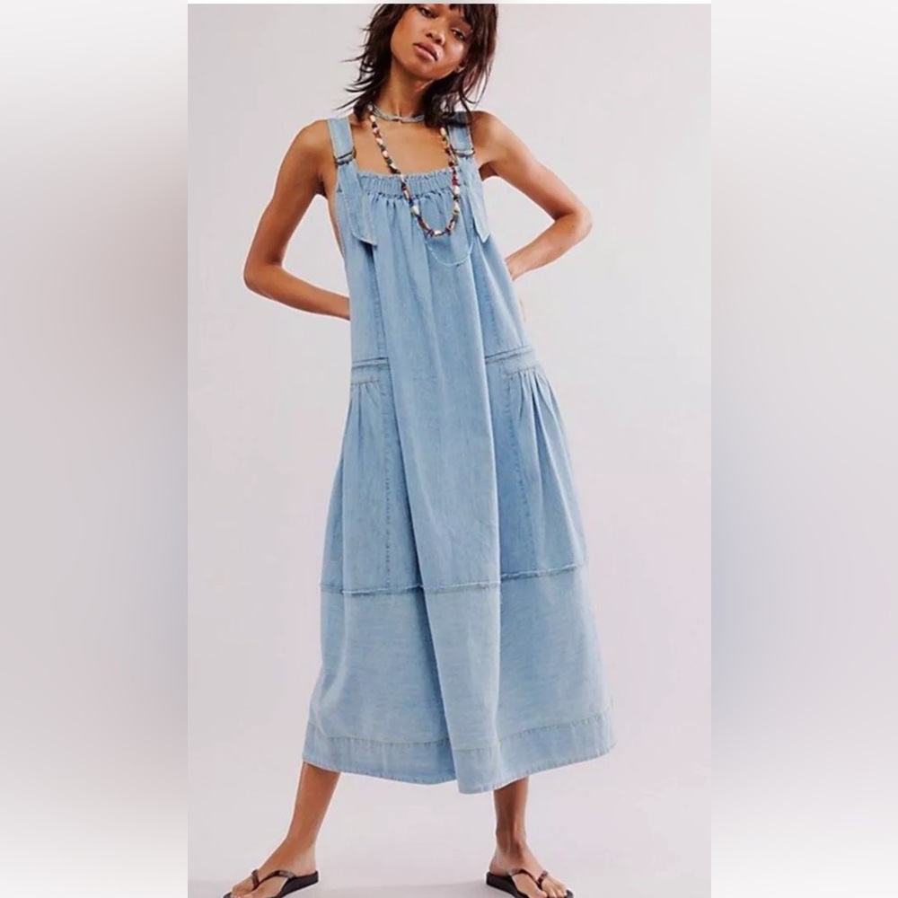 Free People Machu Barrel Midi Maxi Dress Denim Pockets Chambray Blue - Picture 1 of 6